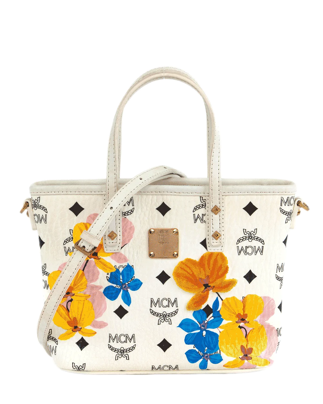 MCM TOP ZIP SHOPPER FLOWER MINI WHITE CANVAS GHW MWPBSSE84WT00100110031710 1800