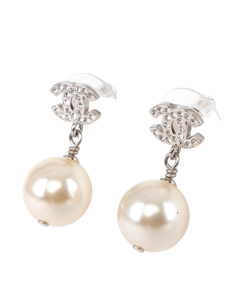NEW CHANEL CRYTAL CC LOGO PEARL EARRINGS 1 CM SHW 0775