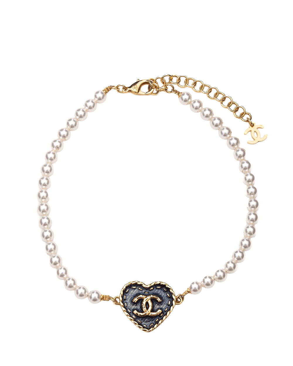 1 CHANEL DENIM HEART NECKLACE BLUE JEAN PEARL GHW 0716