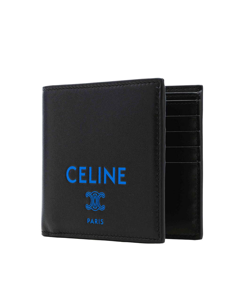32 NEW CELINE BI FOLD WALLET SHORT BLACK LOGO BLUE CALF F IE 1266 0215